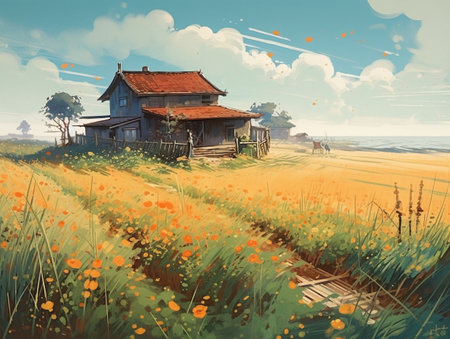 Digital painting of a wooden house in the fieldの素材