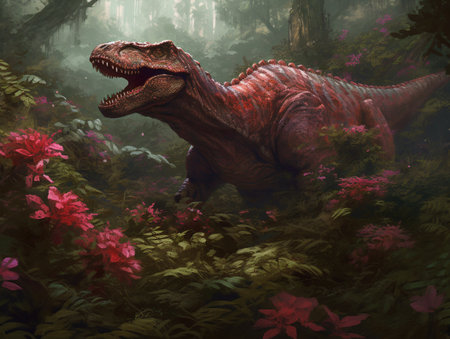 Dinosaur in the jungle. Digital painting. 3D illustration.の素材