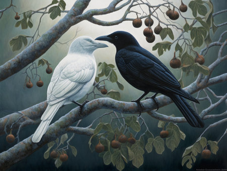 Two black and white crows sitting on a branch of a treeの素材