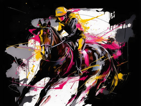 Horse riding illustration color on black background. Horse and jockeyの素材