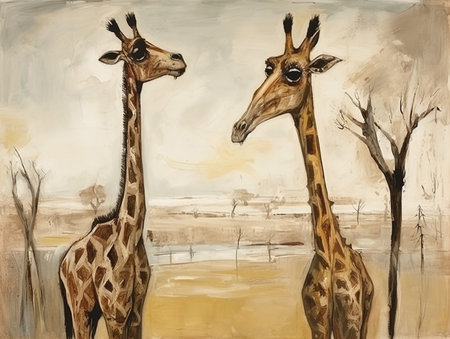 Two giraffes in the savanna of Africa. watercolor painting.の素材