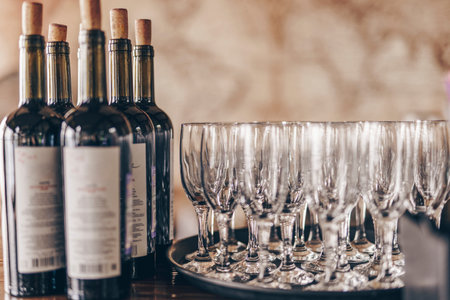 Wine bottles in row in a bar restaurant