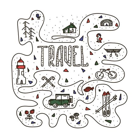 Set of hand drawn color travel doodle.のイラスト素材