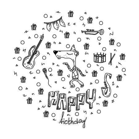 Vector hand drawn illustration. Happy birthday lettering and graphic elements for invitation and greeting card, prints and posters. Festive positive designのイラスト素材