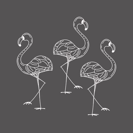 illustration with a set of flamingos silhouettes isolated on gray backgroundのイラスト素材