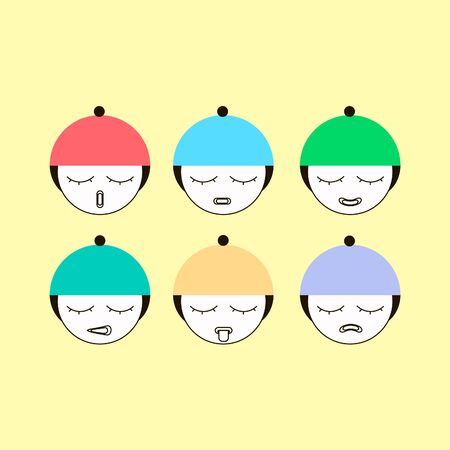Set of emoticons or emoji illustration line icons. Smile icons line art isolated vector illustration on yellow background.のイラスト素材