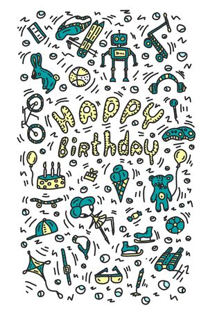 Birthday presents. Painted elements and positive bright lettering. Scooter bike toy robot ski mask binoculars gift box balls cake candle.のイラスト素材