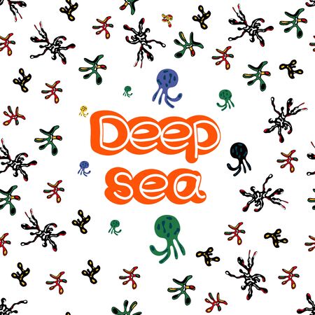 Hand drawn underwater natural elements. Sketch of reef corals and swimming fishes bacHand drawn underwater natural elements.のイラスト素材