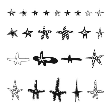 Star Doodles, hand drawn vector illustration. narrow and wide stars with smooth and sharp angles and different ornaments inside.のイラスト素材