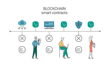 How does a blockchain work: cryptocurrency and secure transactions infographic, uses and benefits. vector illustration.のイラスト素材