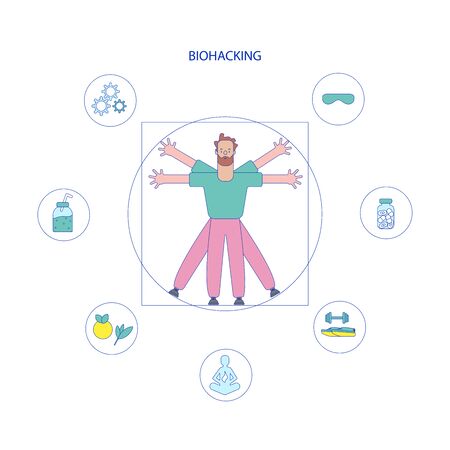 Biohacking vector illustration. Flat tiny self improvement persons concept. Biological health engineering using hacker ethic and anatomical AI monitoring. Grinder approach that affects organs wealth. the man in da Vinci s conceptのイラスト素材