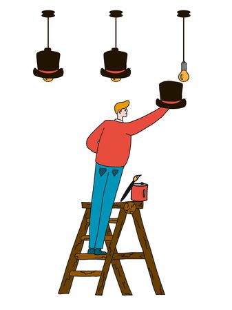 Turning a worn out hat into new bright lights for the creative office at home. re-use of textile materials for new creativity. Handmade tableware Illustration recycling and reuse waste reduction flat vectorのイラスト素材