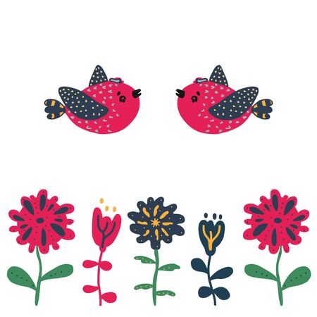 Vector flowers and birds. vector illustration on doodle style. isolated on white background.のイラスト素材