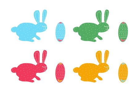 Easter bunnies of different colors with eggs and patterns. vector illustration. isolated on a white background. hand draw styleのイラスト素材