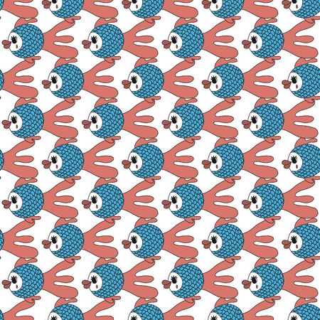 Vector seamless pattern with cute fish.color hand-drawn illustration in the cartoon style on white background.suitable for fabric design, bed linen,t-shirt design, mug design, packaging paper.の写真素材