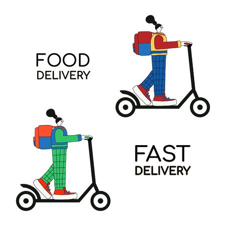 food delivery man goes on a scooter with a large backpack. flat character design. concept for fast delivery of fresh products.vector illustration.isolated on a white background.for flyers,website.のイラスト素材