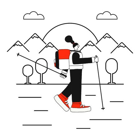 Vector illustration of a girl doing Nordic walking in the mountains. Concept of walking with sticks for a healthy lifestyle and travel.flat style.for websites, banners, applications, design t-shirtsのイラスト素材