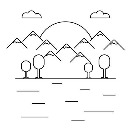 Vector line with mountain landscape, forest and clouds. Travel concept, beautiful nature study, flat style. Illustration isolated on a white background.suitable for posters, websites, and appsのイラスト素材