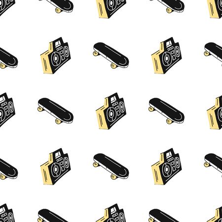 seamless vector pattern with cassette recorder and skateboard.Doodle icon elements.Funny children s drawing. Can be used Wallpaper, fabric design, fabric, paper, textile, backgroundのイラスト素材