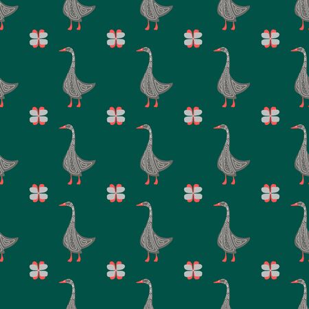 Hand-drawn seamless goose pattern. Engraved vector illustration style. Template for your design work.stylized bird with a folk pattern.suitable for fabrics, banners, postcards, children s booksのイラスト素材