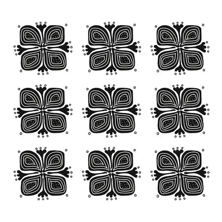Flower pattern with abstract Scandinavian flowers-a pattern based on traditional folk ornaments. isolated on a white background. Monochrome vector illustration.For Wallpaper, interior design, fabricのイラスト素材