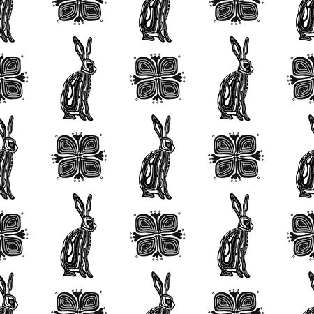 Seamless vector pattern with traditional folk motif with rabbits and flowers ornament, monohrom vector.Perfect for wrapping paper, wallpaper,repeating elements,vintage design, notebook cover,fabricのイラスト素材