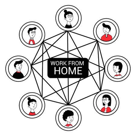The concept of self-isolation from the pandemic. Young people work via Internet networks from home during Covid-19. Everyone goes home.Remote work during the quarantine. Vector flat illustrationsのイラスト素材