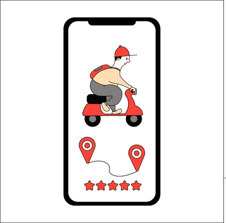 Delivery Service. A guy on a scooter makes a delivery from point to point. fast and free transport.vector illustration of flat style. for icons, advertising banners, posters, and appsのイラスト素材