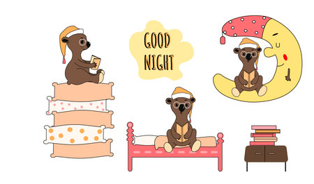 Set of cute cartoon Teddy bear in a hat on white background. The character reads a book, sits on the moon, sits on the bed, on pillows. Hand-drawn style. Vector illustration.for children s things.のイラスト素材