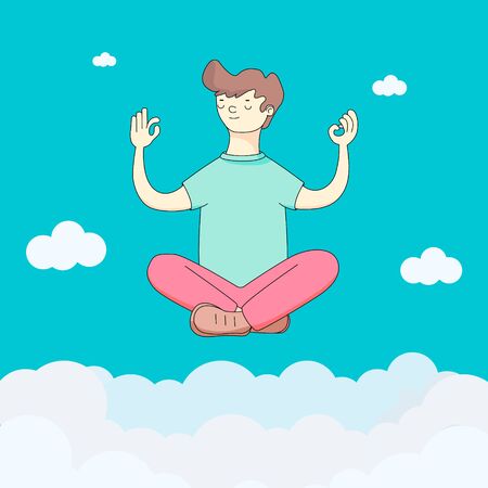 A person does yoga in the sky with clouds. The yogi sits in Padmasana in the Lotus position, meditates, relaxes, calms down and copes with stress. Vector illustration of flat design. for social mediaのイラスト素材