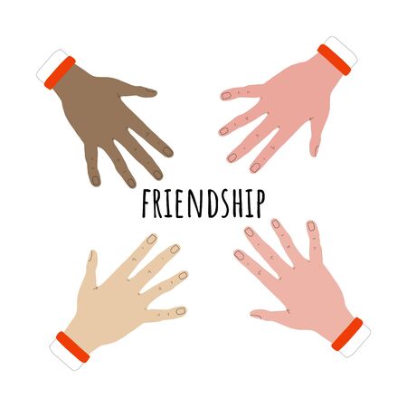 Extended hands with different skin tones in the direction of the inscription in the center of friendship.digital illustration in hand-drawn style. for postcards, posters, and social media.のイラスト素材