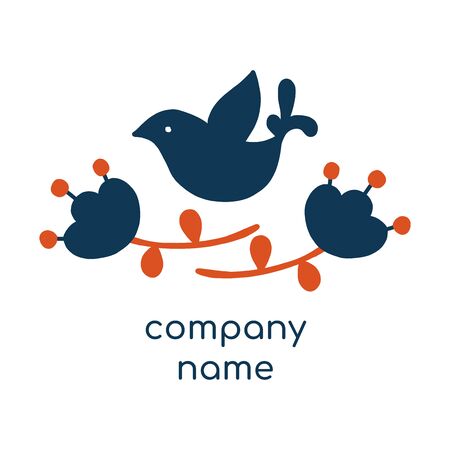 Bird with flower abstract vector icon, label or  template. Silhouette In the folk Scandinavian style. Blue on a white background. minimalist.のイラスト素材