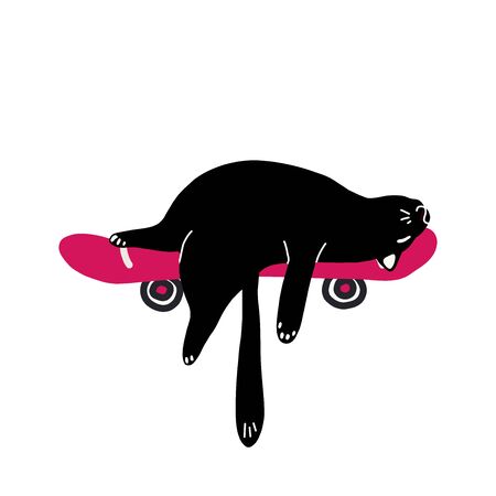 A black lazy cat is lying with its paws dangling on a pink skateboard. Vector illustration in a hand-drawn style.Suitable for stickers, stickers, t-shirt design. Isolated on a white backgroundのイラスト素材