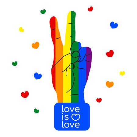 The symbol of pacifism and hippies is a hand with two fingers. Against racism, homophobia and war. Peace. Vector illustration for a postcard or a poster, print for clothes. LGBT.のイラスト素材
