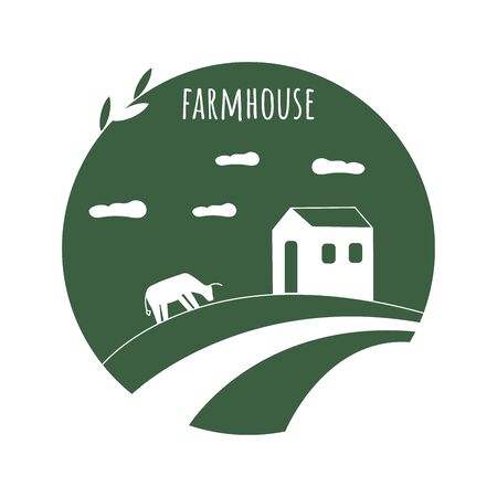 Farm House outline logo on green background. Vector line emblem with farmhouse, cows and fields for natural farm and organic products.のイラスト素材