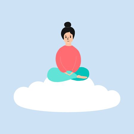 a girl does yoga in the sky with clouds. The yogi sits in Padmasana in the Lotus position, meditates, relaxes, calms down and copes with stress. illustration of a flat design. for social networksのイラスト素材