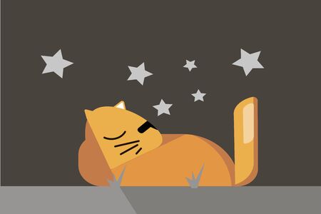 illustration of the character design red cat sleeping on the grass at night under the stars. Flat style for postcards, books, children posters, and websites.のイラスト素材