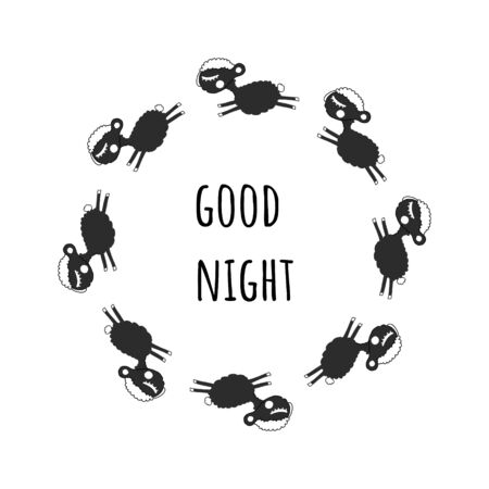 sheep - the Good Night poster.hand-drawn Doodle-style illustration on a white background.for a poster,banner, articles about insomnia, social networks. black and white sheep run in a circle.のイラスト素材