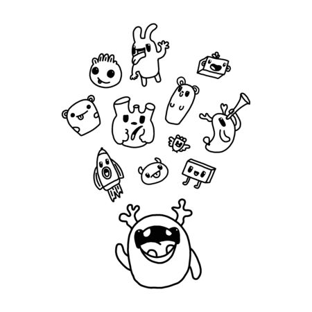 Funny characters and doodles collection. Vector illustration. for the design of t-shirts, children s clothing, fabrics, games, applications, the idea of a soft toy, the design of dishes and mugs, giftsのイラスト素材