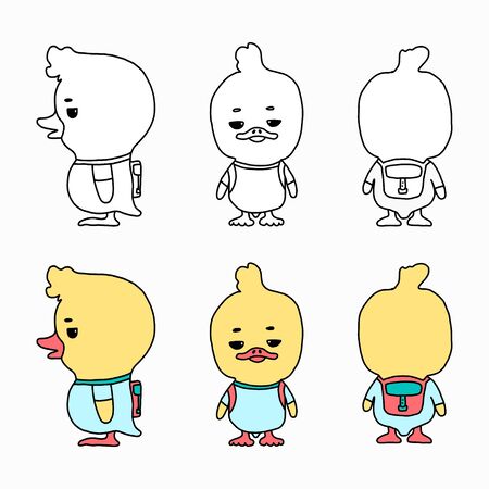 Vector cartoon illustration of a funny little duckling with a backpack. A set of characters in different poses. Suitable for applications, games, colorful colorings or branding of children s productsのイラスト素材