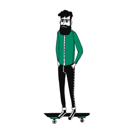 Cool hipster character with a beard on a skateboard. an adult man in glasses, jeans and sneakers rides a skateboard. Character of a city dweller. Vector illustration isolated on a white background.のイラスト素材
