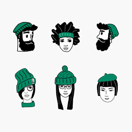 vector image of womens and mens heads in different knitted hats in the cold season on a white background. vector illustration in a flat isolated style. for icons, site design, posters, and flyers.のイラスト素材