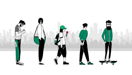 A group of people in the city.People on the background of a panorama of city buildings.Concept of urbanization.vector illustration in a flat minimalistic style. For social networks,template for site.のイラスト素材