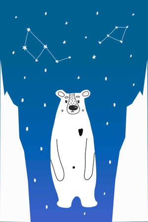 An adult polar bear between ice floes at the North pole and a blue sky with constellations. Vector illustration in the Doodle style.For postcards, posters, children s items or booksのイラスト素材