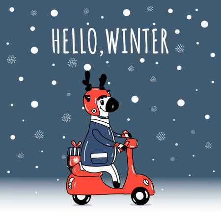 Christmas card with a cute character-a deer who delivers gifts on a scooter in a red sweater. Hello winter message vector illustration and background with snowflakes and dark blue sky.のイラスト素材