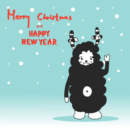 Christmas card with cute funny animal on the background of snowflakes. hand-drawn vector illustration in cartoon style. greeting card-happy new year 2021 and Christmas holidays. for your textのイラスト素材