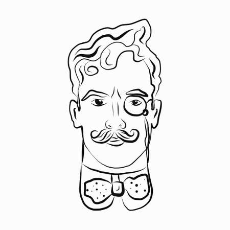 Sketch of a learned man with a mustache and a pince-nez. vector illustration in retro style. Black and white image. for   icons, and avatars in social networks.のイラスト素材