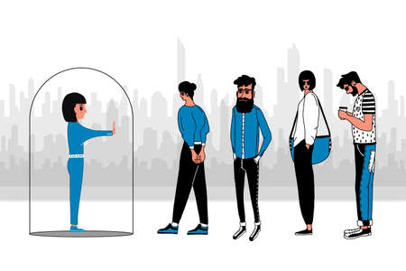 A young woman stands inside a transparent glass bubble and a crowd of people. The concept of isolation from society, social isolation, asociality of the individual.Flat cartoon vector illustration.のイラスト素材