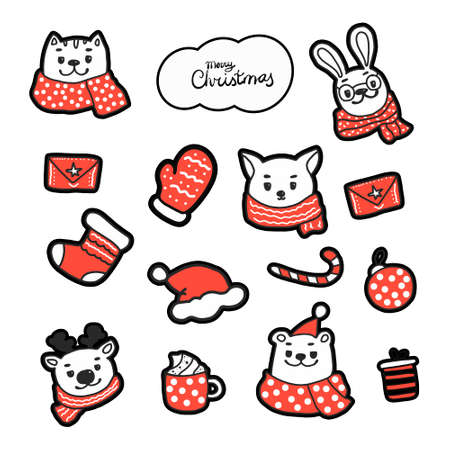 Set of animal heads winter collection. Fox, deer, bear, cat and hare in knitted red scarves and winter design elements. vector illustration for postcards, new year and Christmas greetings,stickersのイラスト素材