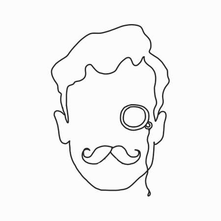 Sketch of a learned man with a moustache and a pince-nez. vector illustration in retro style. Black and white image. for   icons, and avatars in social networks.のイラスト素材